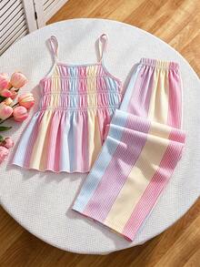 SHEIN Setelan 2 Potong Atasan Camisole dan Celana Panjang Lebar Motif Garis Pelangi Manis untuk Anak Perempuan Remaja, Gaya Liburan Musim Panas yang Segar - MultiWarna - View 10