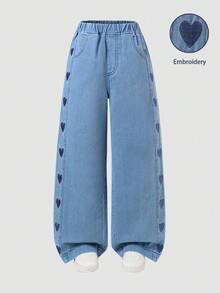 SHEIN 女童阔腿牛仔裤，休闲街头风，浅蓝色牛仔布，弹性腰带饰有心形刺绣，卷边裤脚，宽松版型，舒适棉质牛仔面料，可与T恤时尚搭配，适合日常穿着、上学、聚会等场合，百搭牛仔单品 - 淺色水洗藍 - 查看 1