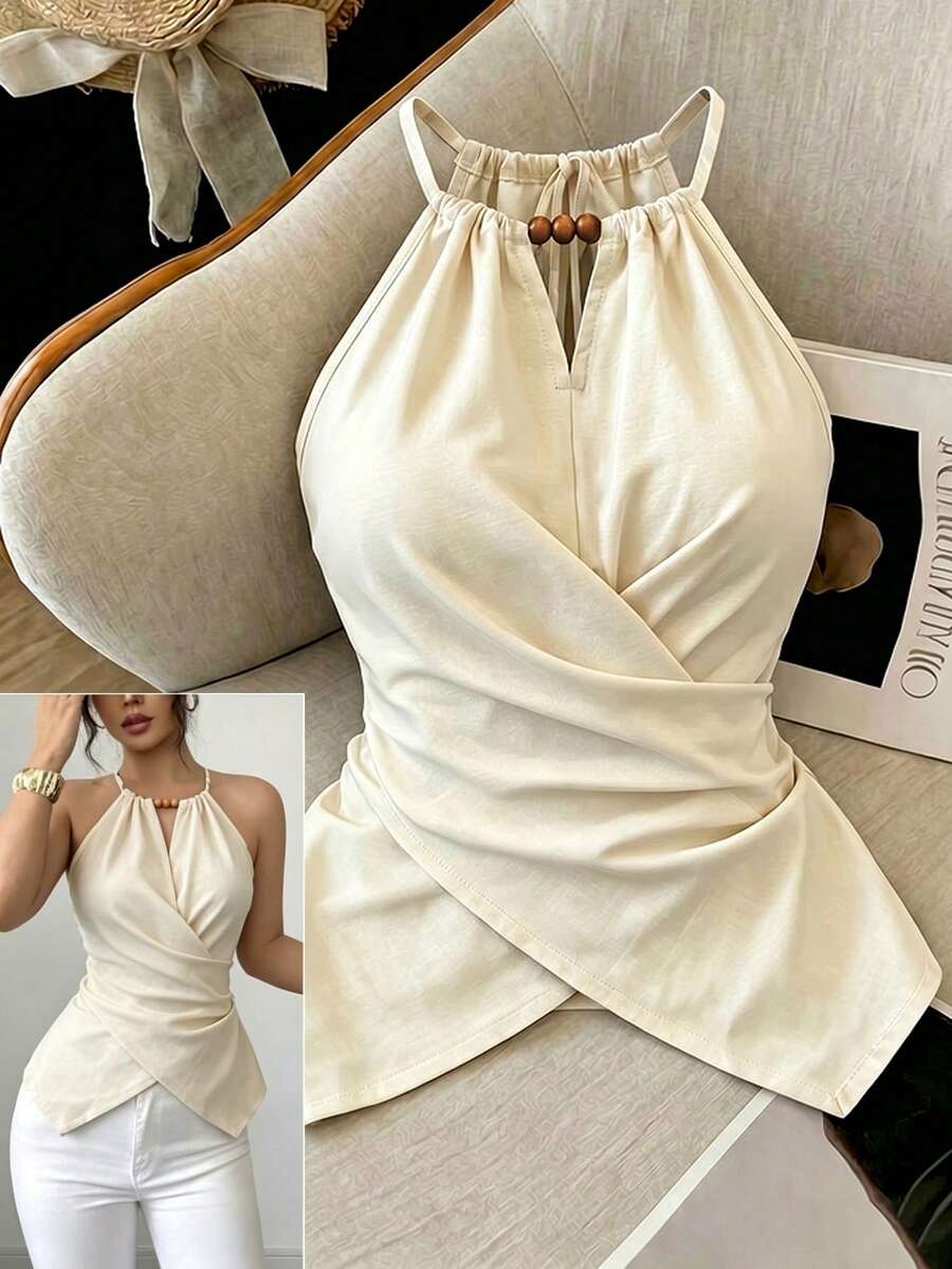 SHEIN Franclia 时尚高端无袖露背交叉系带修身性感纯色女式衬衫,适合春夏穿着,可作度假、外出、Y2K风格、春季、夏季、返校季、休闲、海滩、商务等场合,百搭杏色女式上衣,纯色衬衫。 - 杏色 - 查看 1