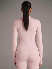 SHEIN BAE Solid Color Front Zip Fitted Sports Jacket - Pink - View 2