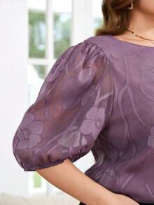 Reflora Plus Size Elegant Purple Summer Top,Formal Work Casual Solid Color Cutout Round Neck Blouse,Fashionable Sequin Sparkly Tops For Women - Purple - View 8