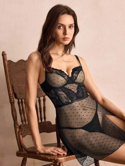 Charlaine 1pc Women's Black Lace Polka Dot Mesh Backless Sexy Nightgown