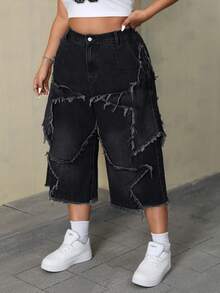 SHEIN ICON 大码夏季街头风毛边斜插口袋宽松牛仔裤 - 黑色 - 查看 5