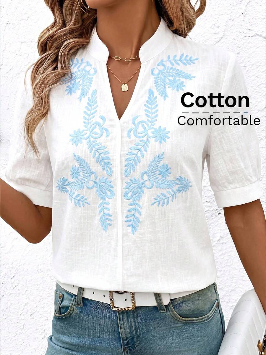 SHEIN Clasi 女款V領鏤空刺繡上衣 - 白色 - 查看 1