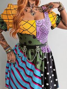 Whyspr Plus Size Punk Patchwork Printed Short Sleeve Dress, Spring/Summer - Multicolor - View 7