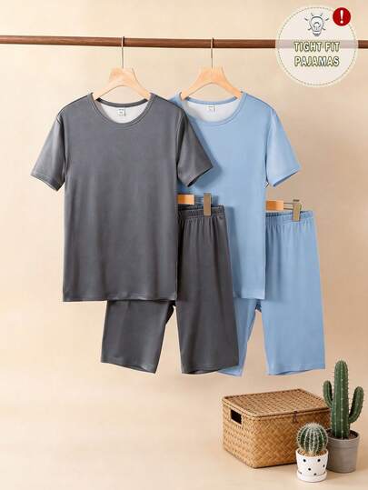 Bộ đồ ngủ tối giản màu trơn ôm sát cho bé trai, quần short tay ngắn màu trơn, bộ đồ mặc nhà thoải mái kiểu dáng đơn giản cho bé trai.