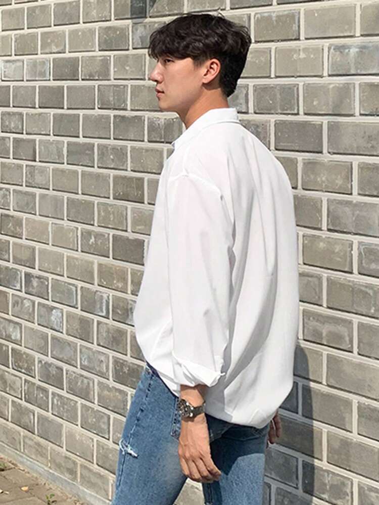 Men's Solid White Long Sleeve Dress Shirt For Work
