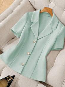 Franclia Plus Size Women's French Elegant Faux Pearl Decor Button Short Sleeve Blazer, Suitable For Dates, Commuting, And Daily Wear - Blue - View 1