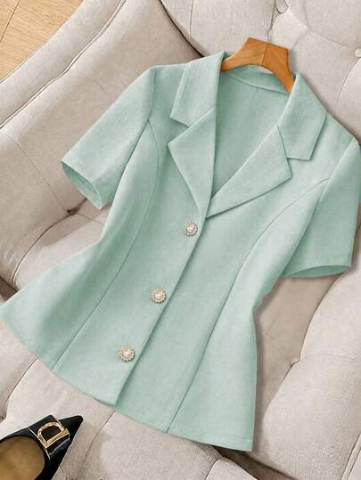 Franclia Áo blazer tay ngắn cài cúc kiểu Pháp thanh lịch dành cho nữ cỡ lớn, phù hợp cho hẹn hò, đi làm và mặc hàng ngày.