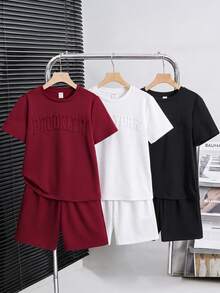 SHEIN 6件套男童休闲宽松字母图案圆领T恤短裤套装，适合通勤、上学、日常穿着、运动、春夏穿着。 - 紅色 - 查看 2