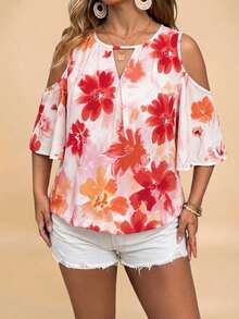 SHEIN VCAY Plus Size Women Summer Beach Vacation Floral Print Cold Shoulder Loose Blouse - Multicolor - View 5