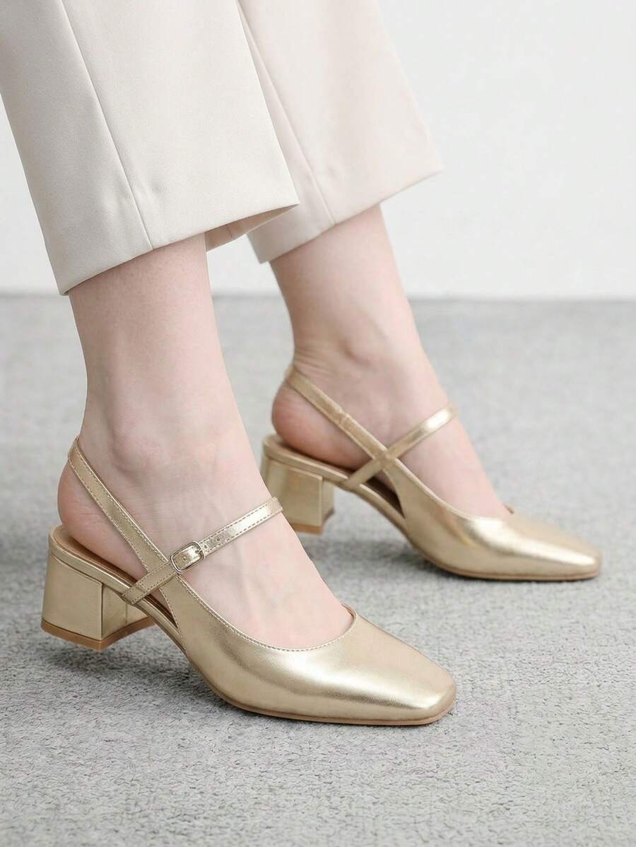 CUCCOO BIZCHIC 女士时尚高跟鞋,搭扣粗跟PU材质,四季通用,通勤优雅百搭,适合节日、度假、办公、户外、日常穿着。 - 亮面金 - 查看 1