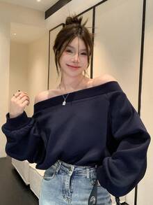Joudiya Women Off Shoulder Long Sleeve Sweatshirt,Long Sleeve Tops,Fall Clothes - Navy Blue - View 4