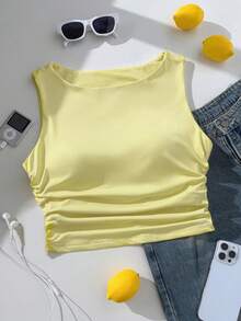 Comfortcana Damen Große Größen Lässig Homewear Sport Stil Elastisch Gerafftes Trägershirt - Hellgelb - Übersicht 3