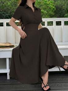 Modelyn Women's Solid Color Knit Mid-Length Dress Coffee Brown Polo Collar Textured Midi Dress Textured Crinkle Fabric Two-Way Stretch Spandex Summer Dress - Khaki - View 4