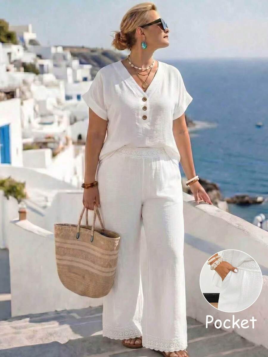 EMERY ROSE Plus Size Women Summer Elegant Commuter Loose V-Neck Textured Short Sleeve Wide Leg Pants 2 Pieces Set - White - View 1