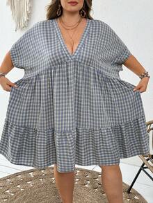SHEIN CURVE+ 大尺碼女款 V 領格紋休閒日常洋裝 - 藍色 - 查看 4