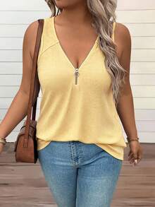 EMERY ROSE Plus Size Women Zipper Half Placket Embroidered Fashionable Versatile Vest - Apricot - View 2