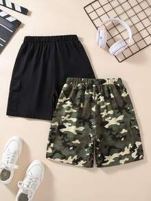 2pcs Boys' Cargo Shorts,Spring/Summer Oversized Pockets 23 Logo Decor Relaxed Casual Streetwear Beach Darkgreen Chic Style For Daily Wear - Multicolor - View 2