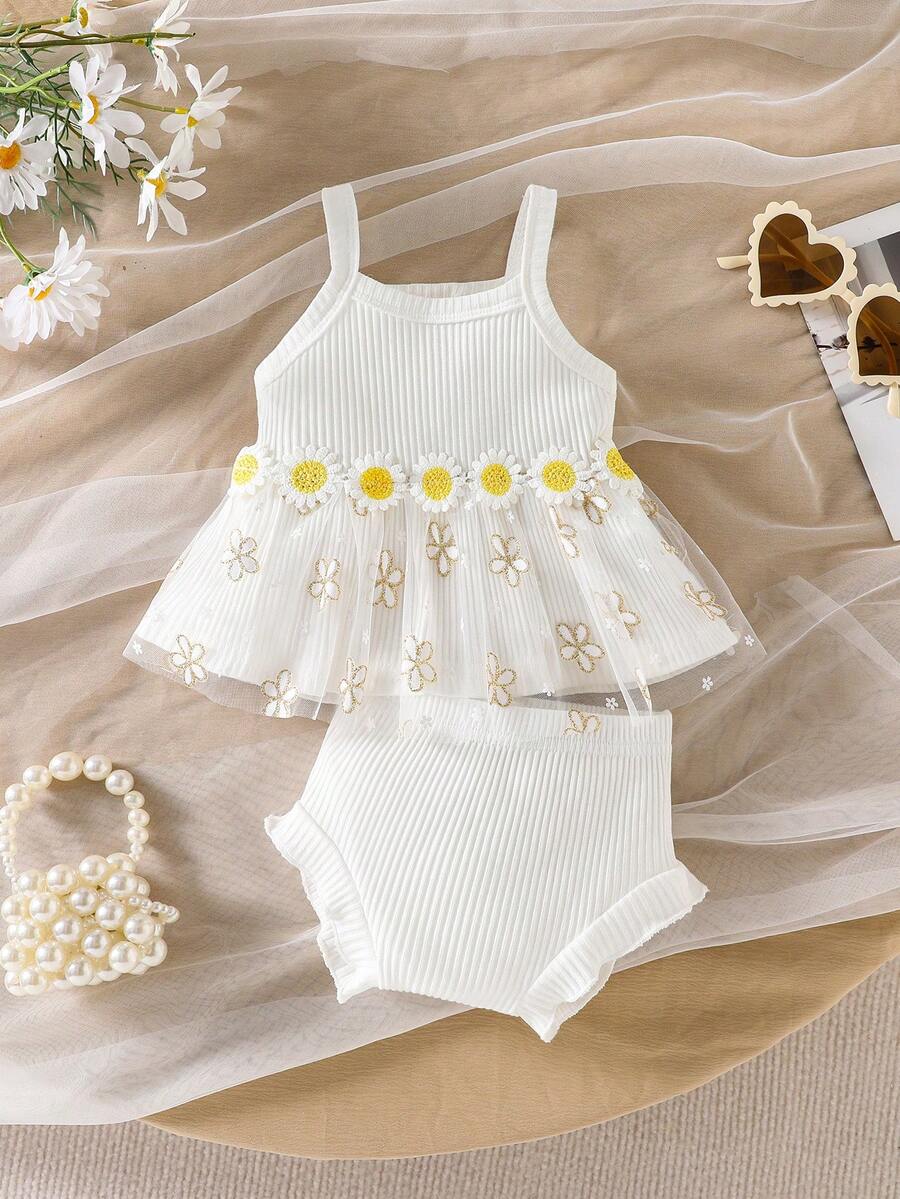 Souflis Souflis 2pcs Baby Girls' Casual Vintage Elegant Cute Daisy Embroidery Ribbon & Mesh Outfit Set, Suitable For Spring/Summer Outings - White - View 1