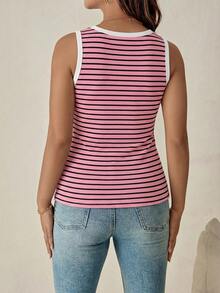SHEIN Maternity Striped Casual Versatile Contrast Color Round Neck Tank Top - Dusty Pink - View 2