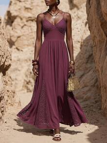 Zivah 2026 Spring/Summer New Dark Purple Lace Patchwork A-Line Long Dress,Boho Summer Holiday Vacation,Suitable For Music Festivals,Beach & Wedding Guest - Purple - View 12
