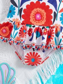SHEIN Baby Girl Floral Print Ruffle Trim One-Piece Swimsuit For Beach Vacation - Multicolor - View 7
