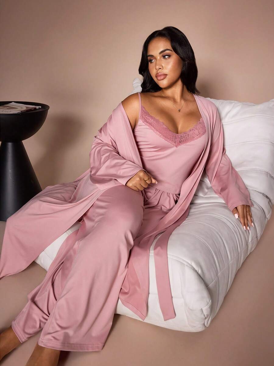 Lazeform 3pcs Plus Size Lace Patchwork Camisole, Pants And Robe Sleepwear Set, Suitable For All Seasons - Pink - View 1