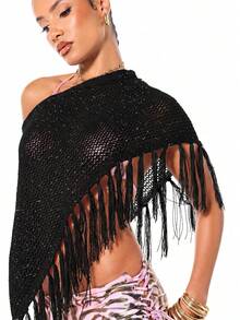SUMWON WOMEN Poncho de punto de ganchillo oversize con hombros descubiertos y flecos en el bajo, para cubrir en la playa o festivales de verano - Negro - Ver 1