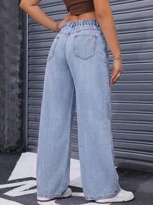 SHEIN ICON Plus Size Women Versatile Pocketed Button Fly Summer Jeans Back-To-School Graduation Light Blue Casual Formal - Blue - View 2