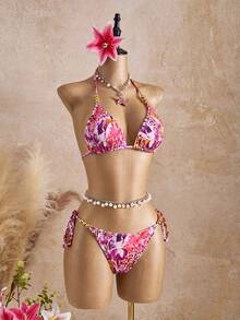 Bellisia Bộ đồ bơi nữ 3 món mới họa tiết báo và hoa in ngẫu nhiên, cổ yếm tam giác, viền bèo nhún - Nhiều màu - Xem 4