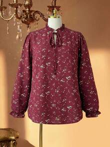 SHEIN Clasi Áo sơ mi Plus Size Xù viền lá sen Thắt nơ trước Họa tiết hoa Giải trí - Màu Tím - Xem 1