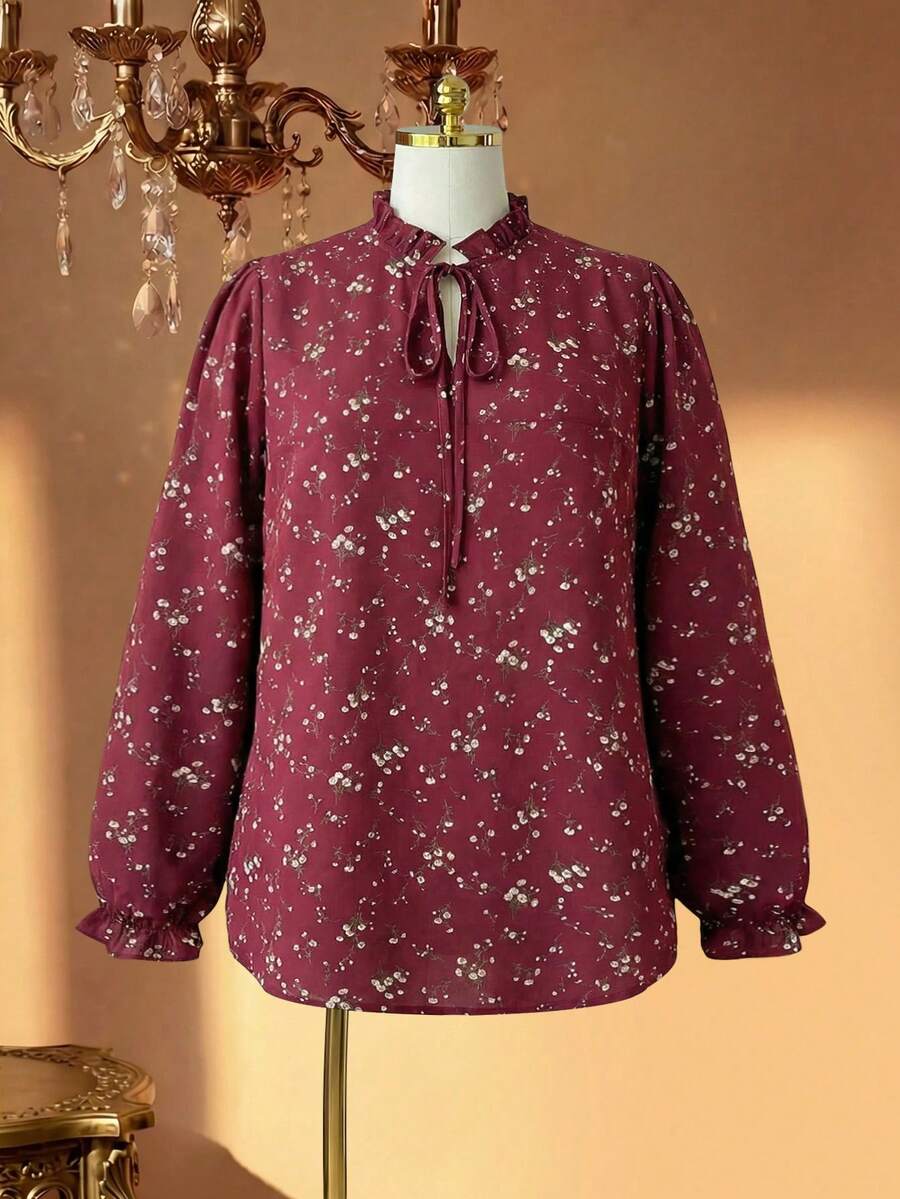 SHEIN Clasi Áo sơ mi Plus Size Xù viền lá sen Thắt nơ trước Họa tiết hoa Giải trí - Màu Tím - Xem 1