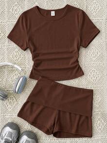 Ensemble pull col rond en tricot marron unicolore et short marron pour adolescentes, tenue d'été, basique, décontractée, sportive - Tabac - Voir 3