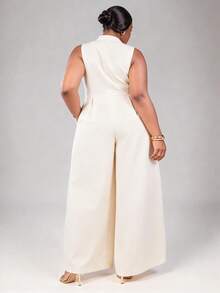 CurvyTilda Mono de pierna ancha extrema con cremallera delantera sin mangas talla grande para verano, para Body con forma de reloj de arena - Albaricoque - Ver 2