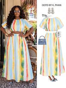Poshavie Poshavie Ensemble 2 pièces grande taille pour femme, top court bleu clair à manches bouffantes et jupe longue taille haute, style bohème décontracté élégant, pour vacances et tenue quotidienne - Jaune citron - Voir 4