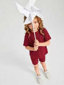 Conjunto de top de hombros caídos rojos y shorts de ciclista para niña, verano - Multicolor - Ver 5