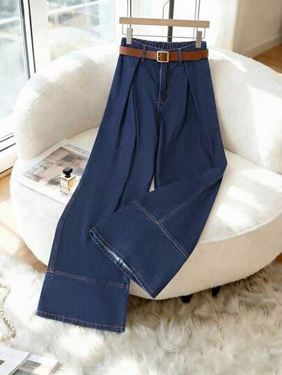 GlowEve Women's Fashion Versatile Pleated Button Loose Wide-Leg Jeans