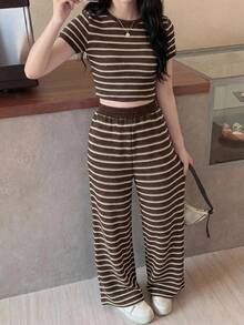 SHEIN Teen Girls Black & White Striped Patchwork Crew Neck Short Sleeve T-Shirt And Pants Co-Ord Set - Multicolor - View 6