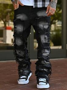 Devon Thys Quần Jeans Denim Co Giãn Có Viền Thêu Hình Mèo Vằn Cho Nam, Kiểu Dáng Ôm, Loe, Phong Cách Emo - màu đen - Xem 6