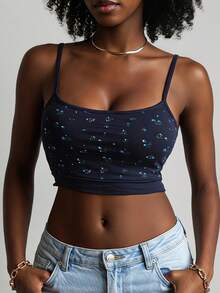 Livesso Summer Sexy Ditsy Floral Camisole Top With Built-In Padded Bra For Women - Navy Blue - View 13