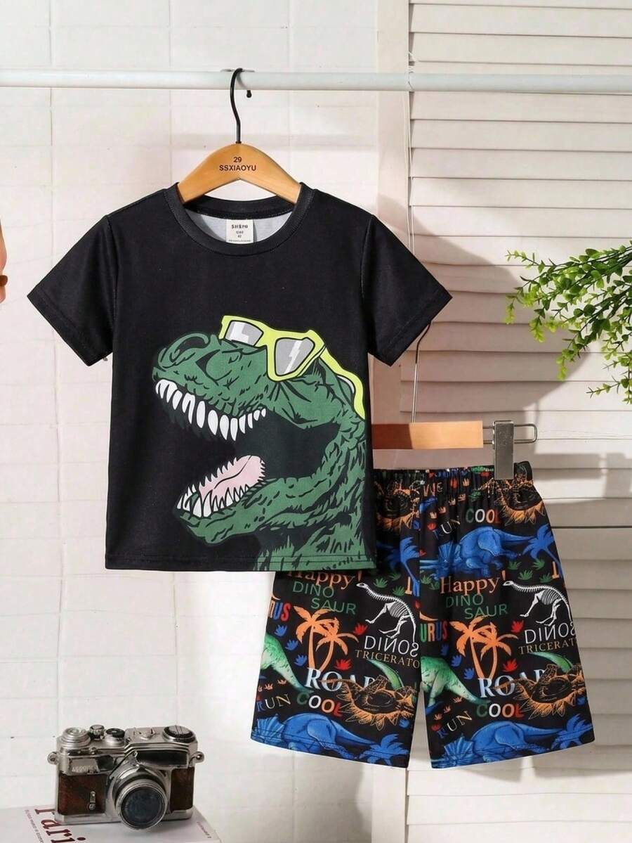 SHEIN Young Boy Dinosaur Print Top And Shorts Snug Fit Loungewear - Multicolor - View 1