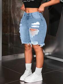 Jeanoix Plus Size Distressed Fashion Summer Frayed Hem Casual Versatile Denim Shorts - Blue - View 7