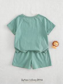 Cozy Pixies Set 2pcs Baju Bayi Laki-laki Motif Kartun Singa Rajut Lembut Leher Bulat Lengan Pendek dan Celana Pendek Pinggang Elastis - Mint Green - View 2