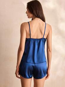 Charlaine Conjunto de pijama de top de satén con ribete de encaje y shorts - azul real - Ver 3