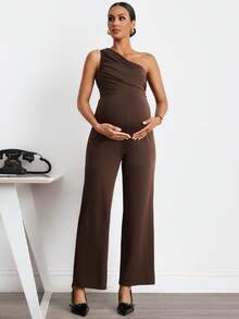 MaterniWear Maternity Solid Color Pleated Asymmetric Neckline Elegant Sleeveless Jumpsuit Baby Shower Photoshoot Summer Maternity Photoshoot - Brown - View 2