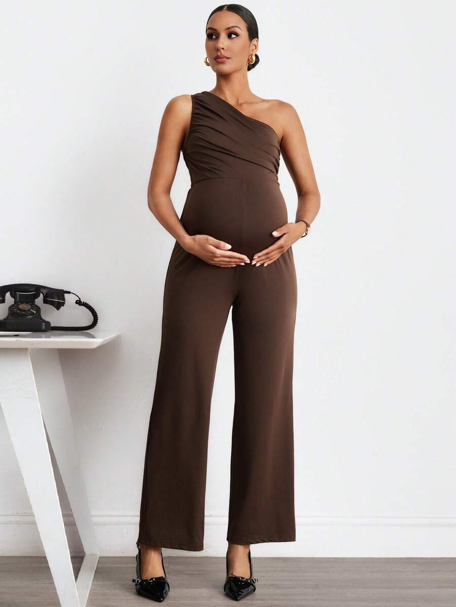 MaterniWear Maternity Solid Color Pleated Asymmetric Neckline Elegant Sleeveless Jumpsuit Baby Shower Photoshoot Summer Maternity Photoshoot