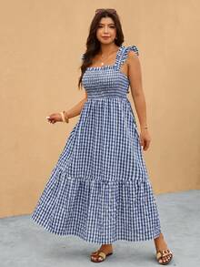 Elaquor Vestido largo a cuadros de talla grande con mangas volantes - Azul Marino - Ver 4