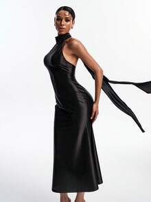 Livesso Vestido feminino de comprimento médio, primavera-verão, preto, para Dia de São Valentim, casamento, banquete, baile, gala, festa, moda, elegante, com atacadores, laço e bainha larga, para uso diário - Preto - Ver 1