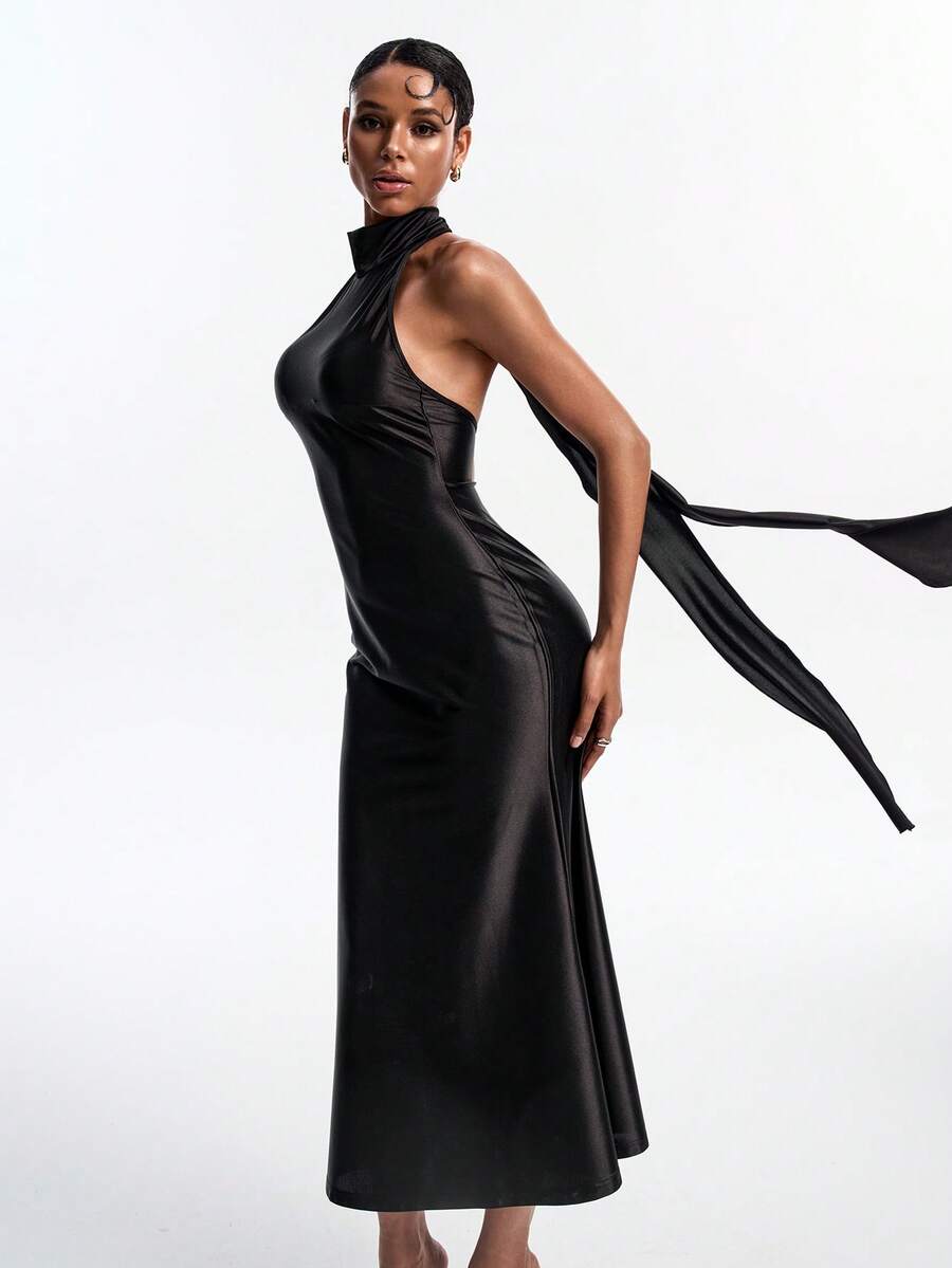 Livesso Vestido feminino de comprimento médio, primavera-verão, preto, para Dia de São Valentim, casamento, banquete, baile, gala, festa, moda, elegante, com atacadores, laço e bainha larga, para uso diário - Preto - Ver 1